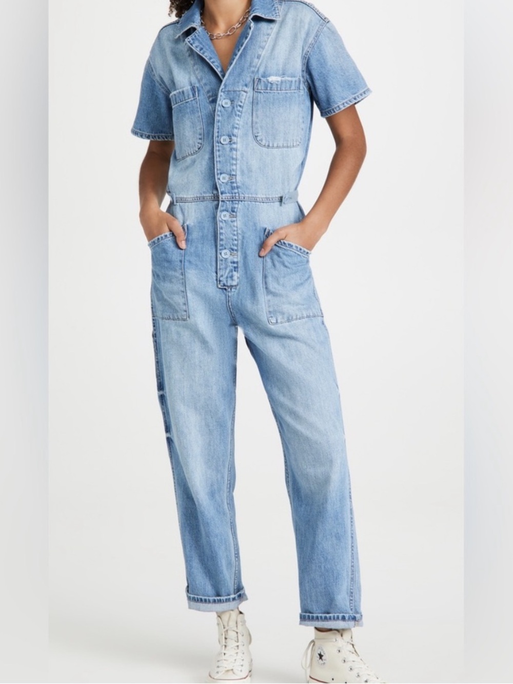 pistola Light Wash Denim Cropped Jumpsuit